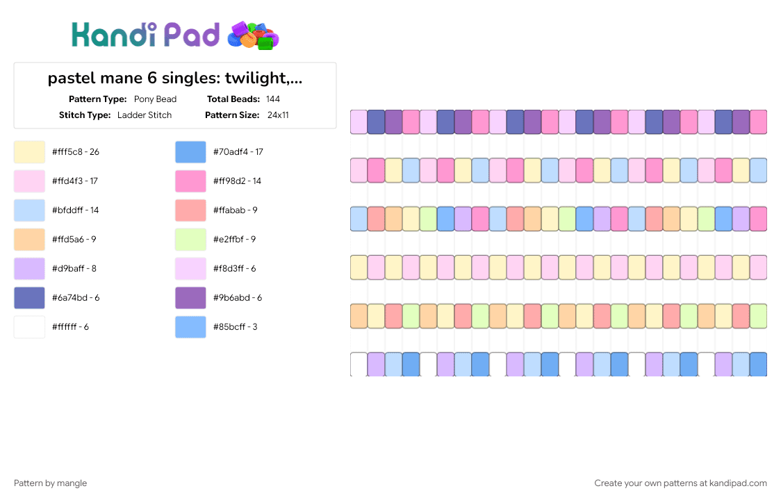 pastel mane 6 singles: twilight, pinkie, rainbow dash, fluttershy, applejack, rarity - Pony Bead Pattern by mangle on Kandi Pad - apple jack, cartoon, flutter shy, mlp, my little pony, pink, single, yellow