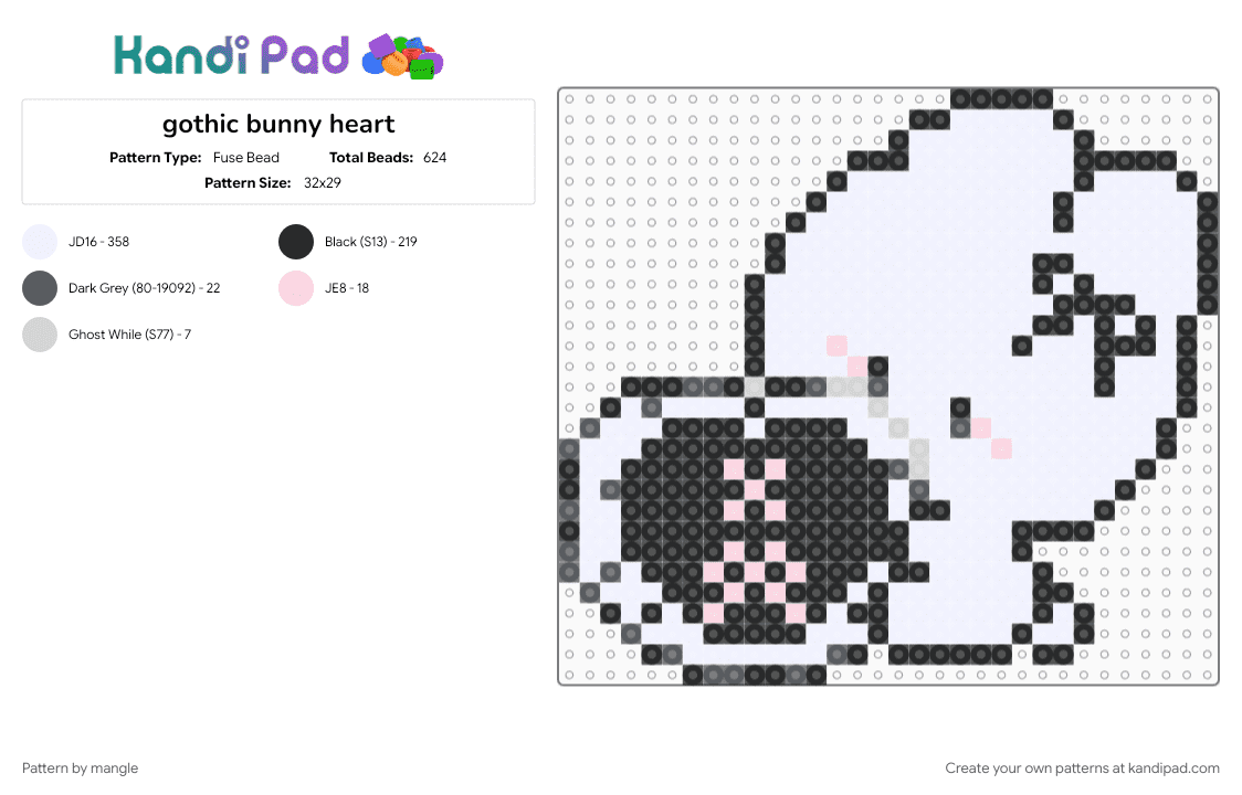 gothic bunny heart - Fuse Bead Pattern by mangle on Kandi Pad - animal, animals, charm keychain, cute kawaii, goth, love, rabbit, scenemo emo, white