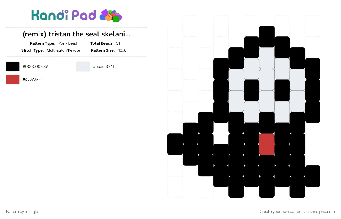 tristan the seal skelanimals charm - Pony Bead Pattern by mangle on Kandi Pad - accessory, animal, black, cute, emo, keychain, scene, scenemo, skeleton, white