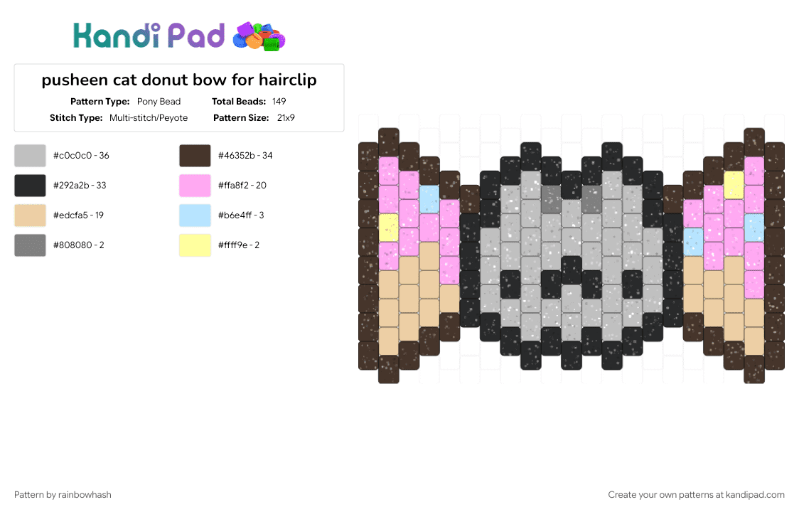 pusheen cat donut bow for hairclip - Pony Bead Pattern by mangle on Kandi Pad - animal, animals, beige, brown, cute, decora bowtie, kawaii, keychain, kitten, kitty cat, pink