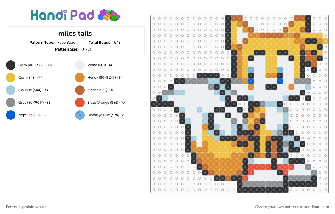 miles tails - Fuse Bead Pattern by rainbowhash on Kandi Pad - light blue, miles prower, orange, sonic the hedgehog, tan, video game, yellow