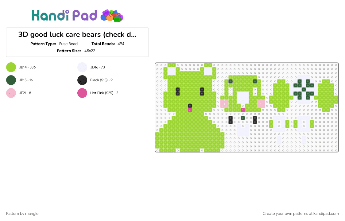 3D good luck bear (check desc for assembly) - Fuse Bead Pattern by mangle on Kandi Pad - animal, care bear, care bears, carebear, carebears, cartoon, cute, green