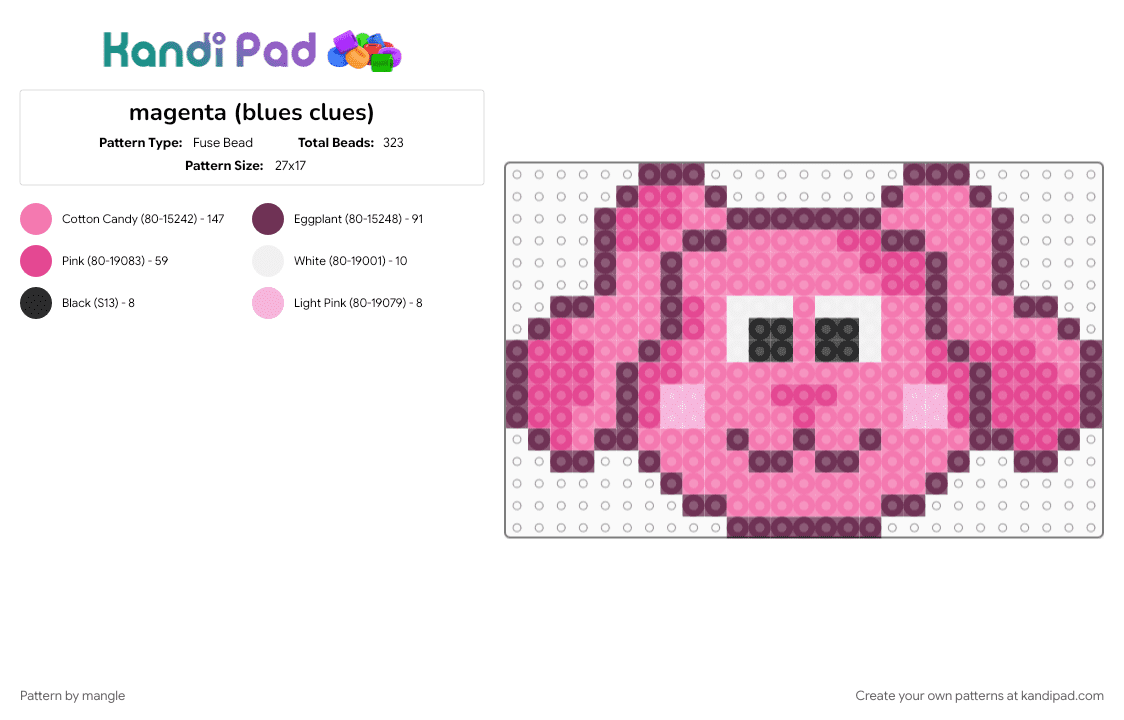 magenta (blues clues) - Fuse Bead Pattern by mangle on Kandi Pad - 2000s nostalgia, animal animals, cartoon tv show, cute kawaii, nickelodeon nick jr, pink, puppy dog
