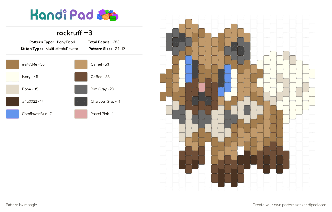 rockruff =3 - Pony Bead Pattern by mangle on Kandi Pad - animal animals, beige, brown, cute kawaii, games, nintendo, pokemon, puppy dog, tan, video game