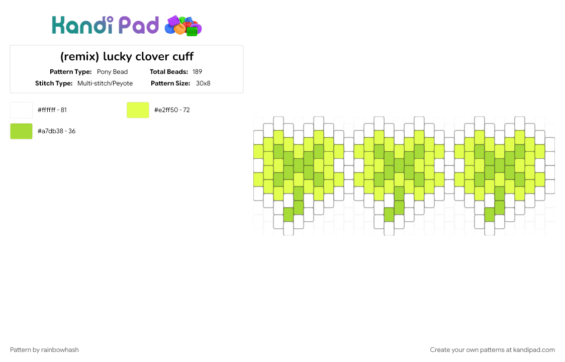 (remix) lucky clover cuff - Pony Bead Pattern by rainbowhash on Kandi Pad - flower, flowers, four leaf clover, good luck, green, luck, nature, plant, plants, yellow