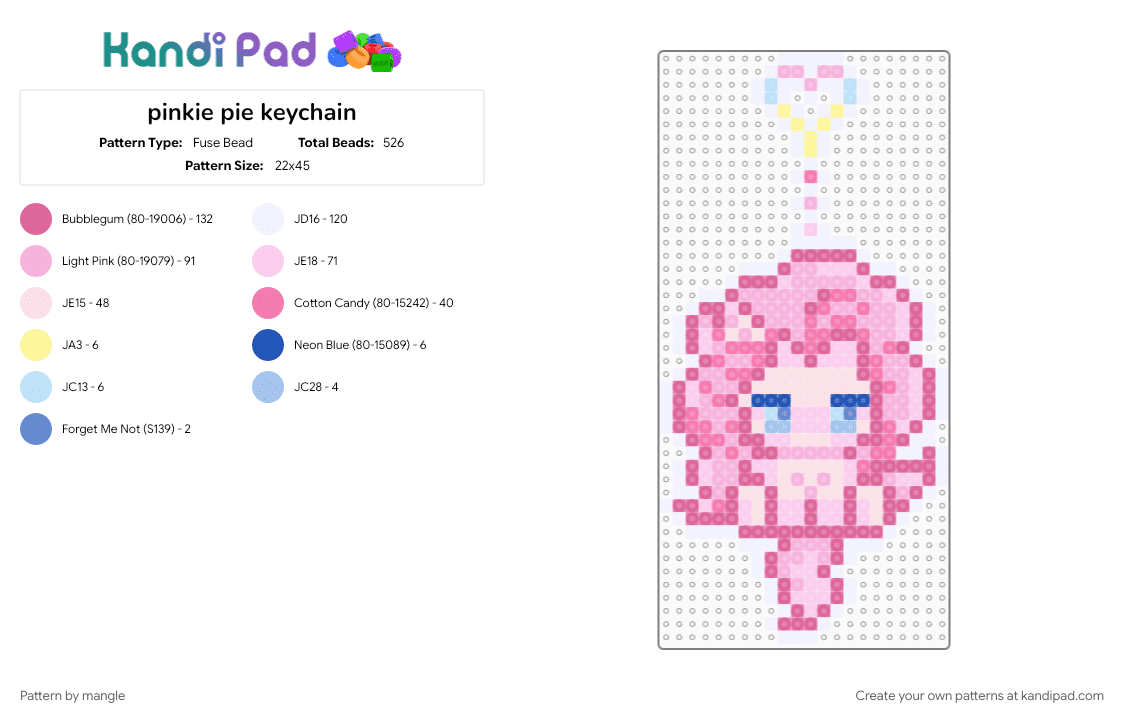 pinkie pie keychain - Fuse Bead Pattern by mangle on Kandi Pad - animal animals, cartoon, charm, cute kawaii, decora, mlp my little pony, pink, scene, scenemo