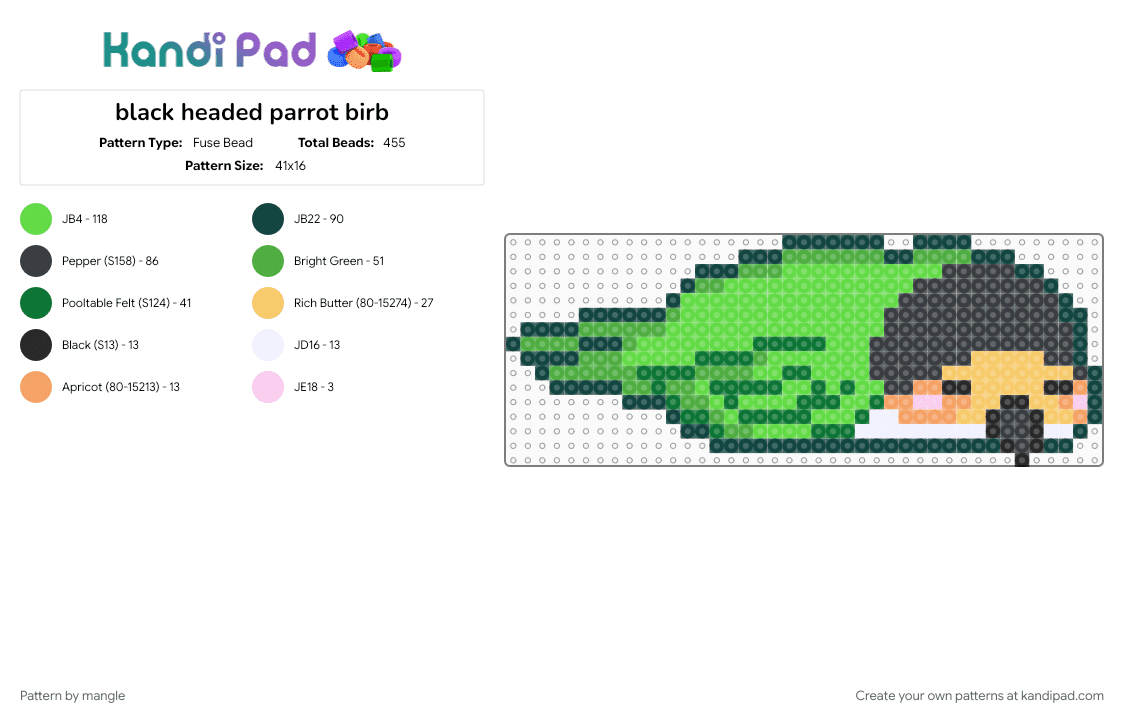 black headed parrot birb - Fuse Bead Pattern by mangle on Kandi Pad - animal animals, bird pet, cute kawaii, green, sleepy sleeping