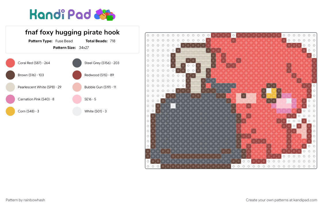 fnaf foxy hugging pirate hook - Fuse Bead Pattern by mangle on Kandi Pad - animal, cute, five nights at freddys, fox, gray, kawaii, red, video game