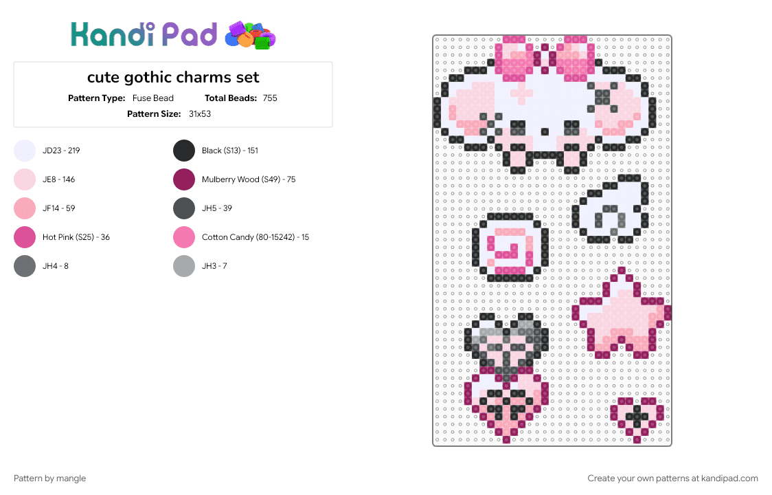 cute gothic charms set - Fuse Bead Pattern by mangle on Kandi Pad - 2000s girly, decora accessory, heart star wings hairclip, keychain, mouse rat, pink, scene emo kawaii, scenemo charm, white, y2k
