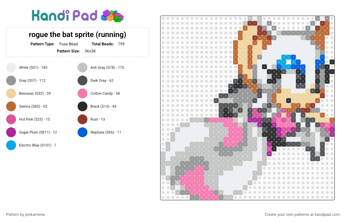 rogue the bat sprite (running) - Fuse Bead Pattern by pinkamena on Kandi Pad - beige,gray,pink,cute,kawaii,furry,video game,sonic the hedgehog,sega,animal,animals