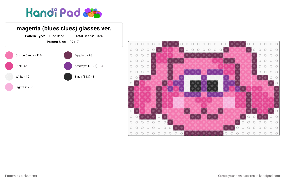 magenta (blues clues) glasses ver. - Fuse Bead Pattern by rainbowhash on Kandi Pad - cartoon, cute, dog, kawaii, pink, puppy