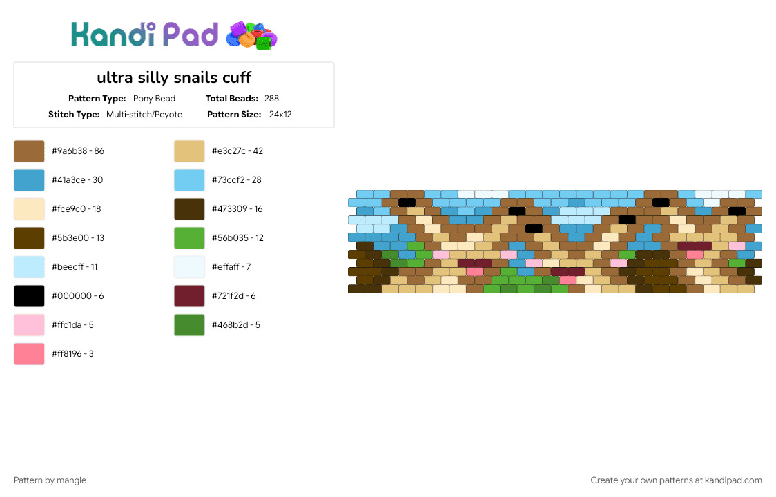 ultra silly snails cuff - Pony Bead Pattern by mangle on Kandi Pad - animal animals, beige, bug bugs, cuff, cute, light blue, snail, tan