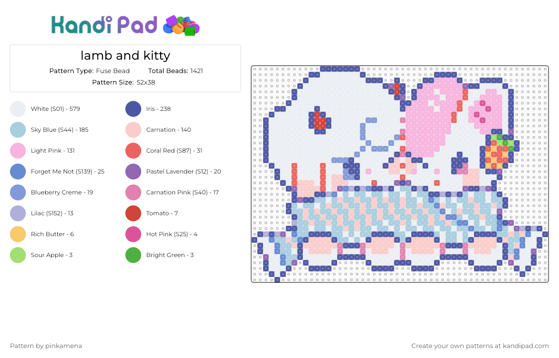 lamb and kitty - Fuse Bead Pattern by pinkamena on Kandi Pad - white,purple,light blue,pink,colorful,cute,kawaii,animal,animals,scarf,cat,kitten,sheep