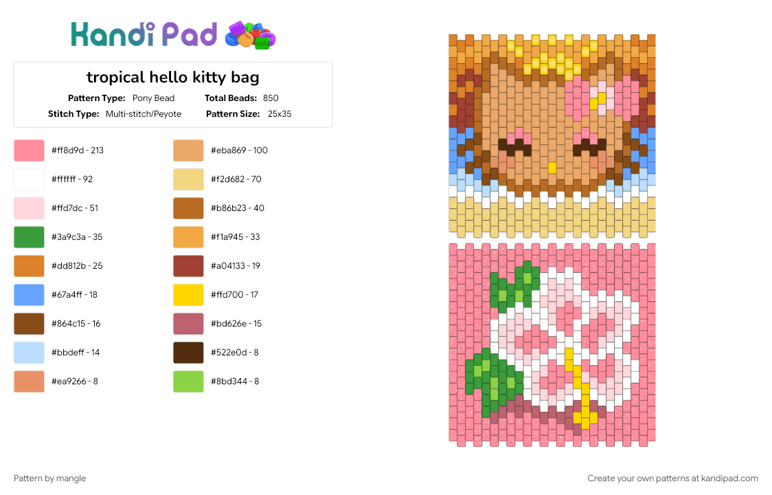 tropical hello kitty bag - Pony Bead Pattern by mangle on Kandi Pad - accessory, animal animals, beach, cute kawaii, gyaru, kitty kitten, orange, pink, sanrio, sea, yellow