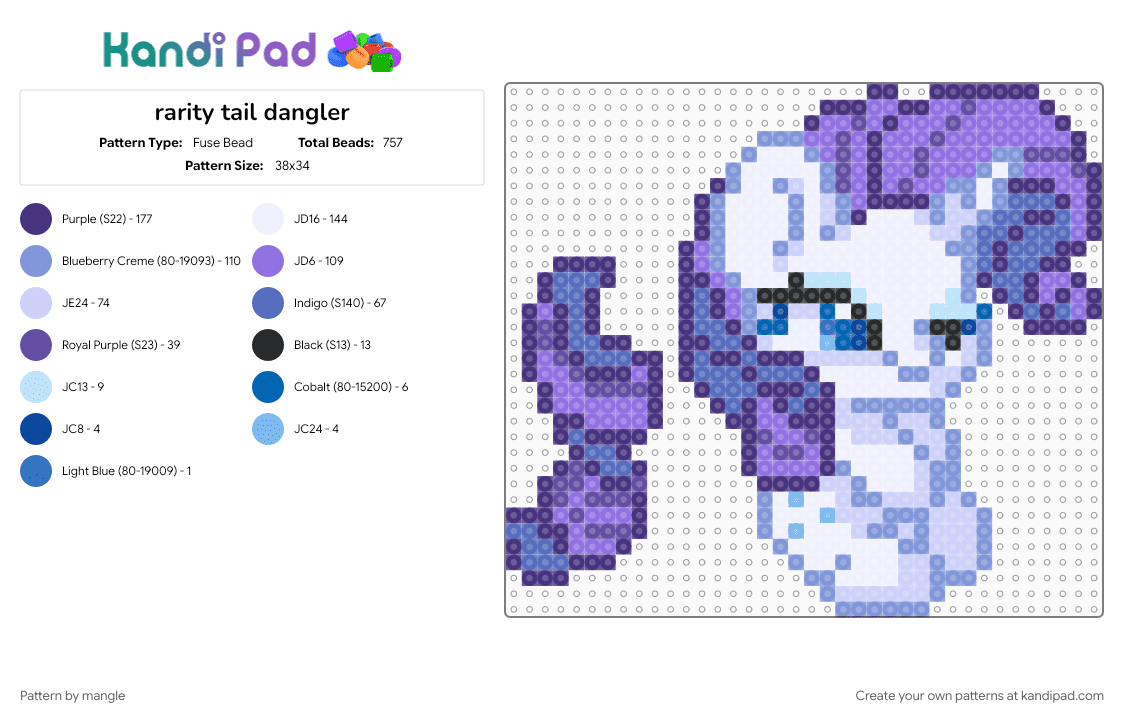 rarity tail dangler - Fuse Bead Pattern by mangle on Kandi Pad - 2010s, animal animals, blue, cute kawaii, dangle, horse cartoon, keychain, mlp, my little pony, purple