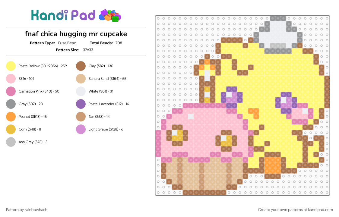 fnaf chica hugging mr cupcake - Fuse Bead Pattern by rainbowhash on Kandi Pad - animal, chicken, cute, five nights at freddys, food, kawaii, pink, tan, video game, yellow
