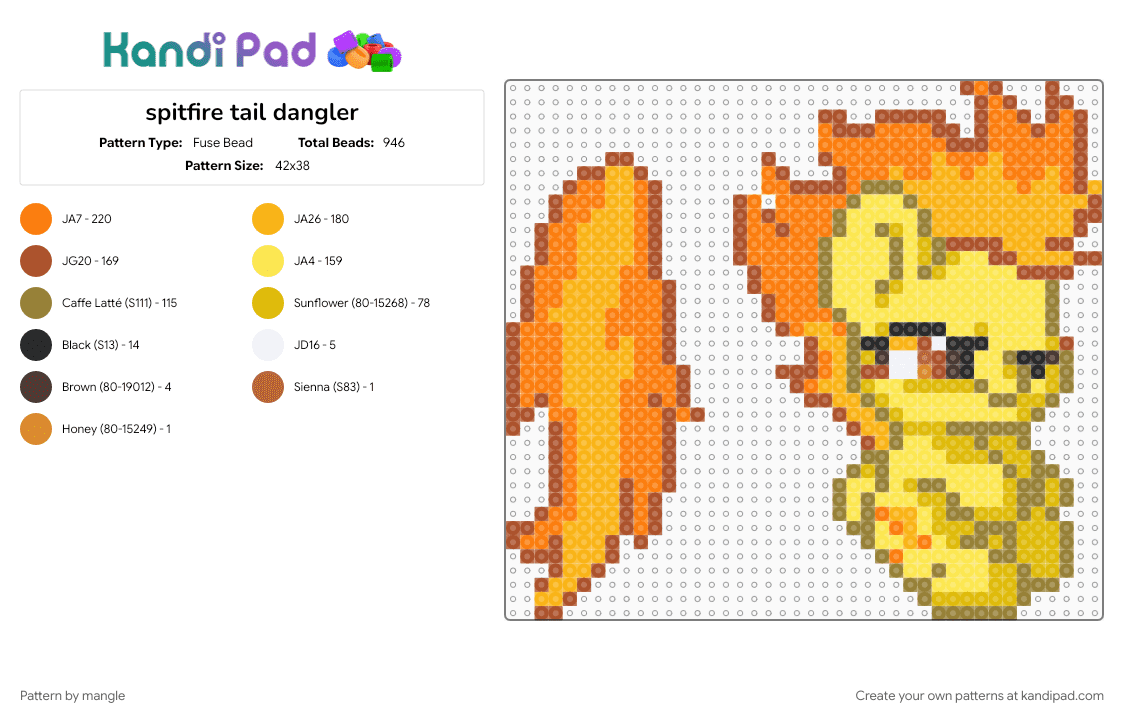 spitfire tail dangler - Fuse Bead Pattern by mangle on Kandi Pad - 2010s, animal animals, cue kawaii, dangle, horse cartoon, keychain, mlp, my little pony, orange, red, yellow