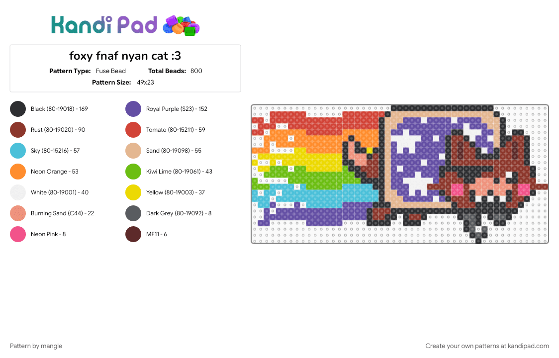 foxy fnaf nyan cat :3 - Fuse Bead Pattern by mangle on Kandi Pad - 2010s, beige, colorful, five nights at freddys, fox, internet, nostalgia, pirate, purple, red, video game