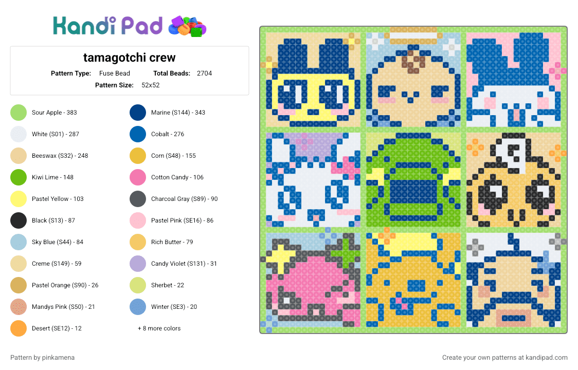 tamagotchi crew - Fuse Bead Pattern by pinkamena on Kandi Pad - blue,yellow,green,colorful,cute,kawaii,mametchi,video game,animal,animals,wall decor,portrait