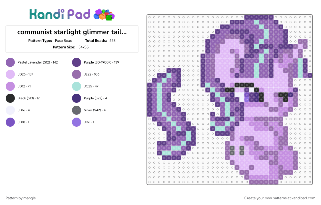 communist starlight glimmer tail dangler - Fuse Bead Pattern by mangle on Kandi Pad - 2010s, animal animals, cute kawaii, dangle, horse cartoon, keychain, mlp, my little pony, pink, purple