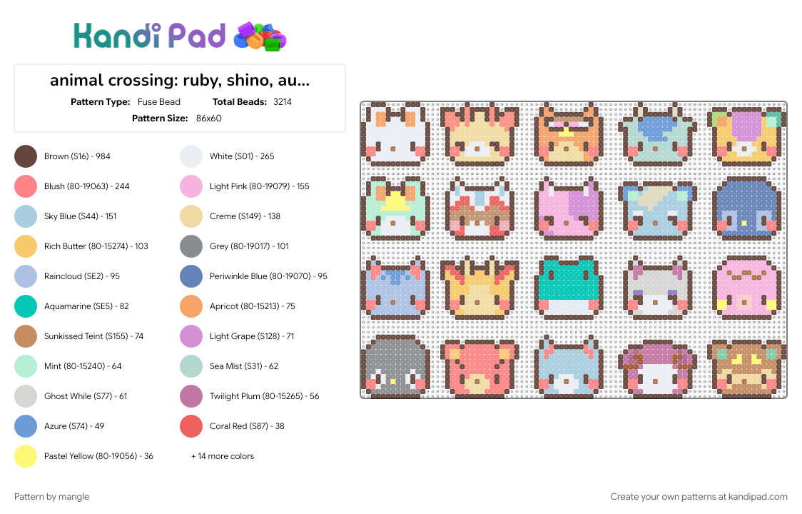 animal crossing: ruby, shino, audie, sherb, stitches, sasha, kid cat, bob, ione, roald, rosie, erik, lily, fang, marina, cube, cheri, skye, muffy, clay - Fuse Bead Pattern by mangle on Kandi Pad - animal, animals, beige, brown, colorful, cute, kawaii, keychain charms, light blue, nintendo video game
