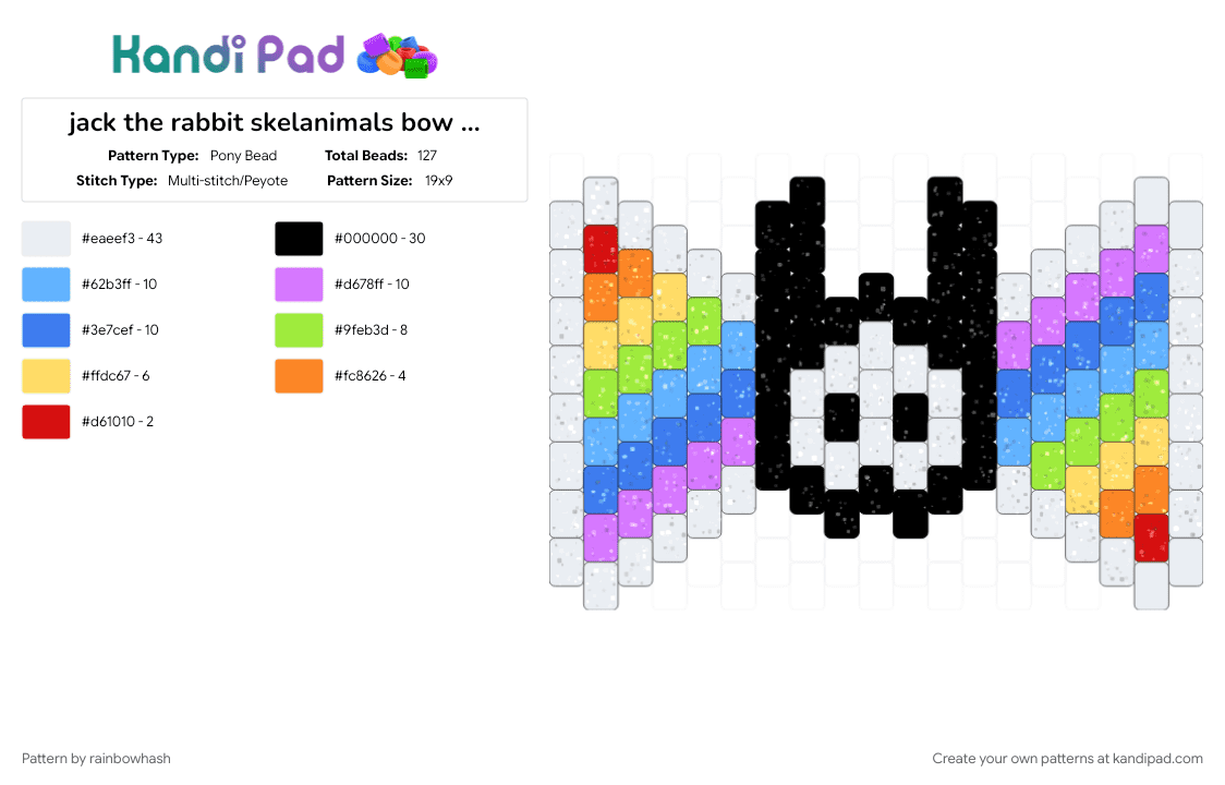 jack the rabbit skelanimals bow for hairclip ver two - Pony Bead Pattern by mangle on Kandi Pad - accessory, animal, blue, bunny rabbit, colorful, cute, decora bowtie, green, keychain, scene, scenemo, white
