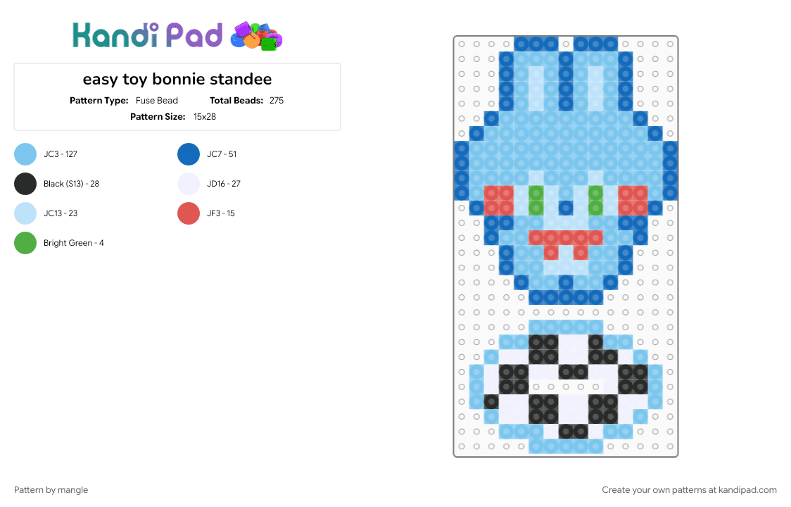 easy toy bonnie standee - Fuse Bead Pattern by mangle on Kandi Pad - beginner, five nights at freddys, fnaf, light blue