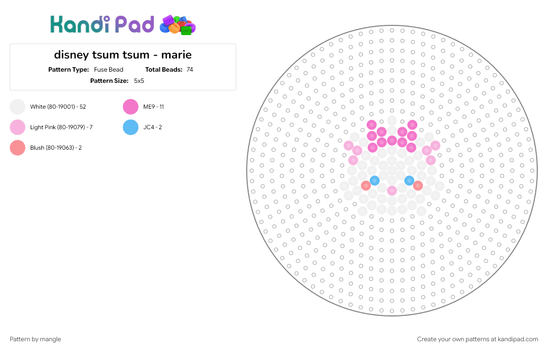 disney tsum tsum - marie - Fuse Bead Pattern by mangle on Kandi Pad - animal animals, aristocats, charm charms, cute kawaii, keychain, kitty cat kitten, pink, small easy, white