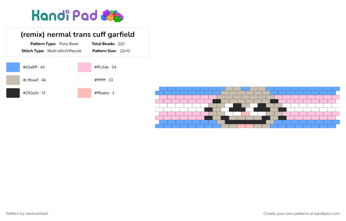 nermal trans cuff garfield - Pony Bead Pattern by mangle on Kandi Pad - animal, animals, kitty cat, lgbtq queer, lgbtqia trans gender, light blue, pink, pride lgbt, transgender