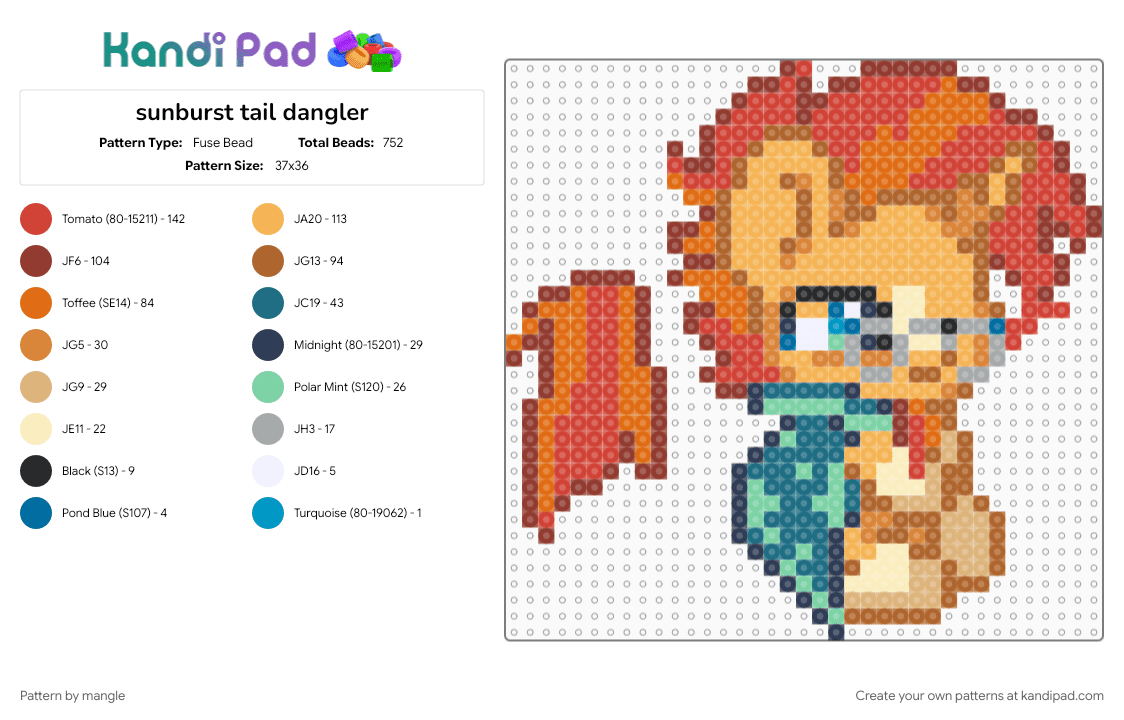 sunburst tail dangler - Fuse Bead Pattern by mangle on Kandi Pad - 2010s, animal animals, cute kawaii, dangle, horse cartoon, keychain, mlp, my little pony, orange, red, tan