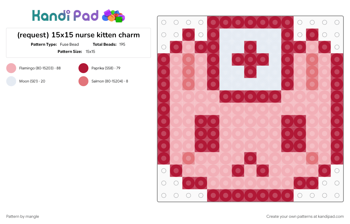 (request) 15x15 nurse kitten charm - Fuse Bead Pattern by mangle on Kandi Pad - animal, beige, cute, doctor, kawaii, keychain, kitty cat, red