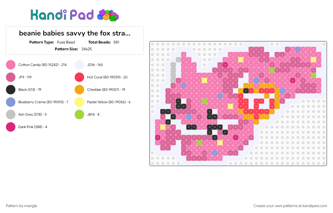 beanie babies savvy the fox strawberry sprinkles recolor - Fuse Bead Pattern by mangle on Kandi Pad - 90s, beanie boos, cute kawaii, pink, plush plushy plushie, plushies plushes, stuffed toy toys, ty