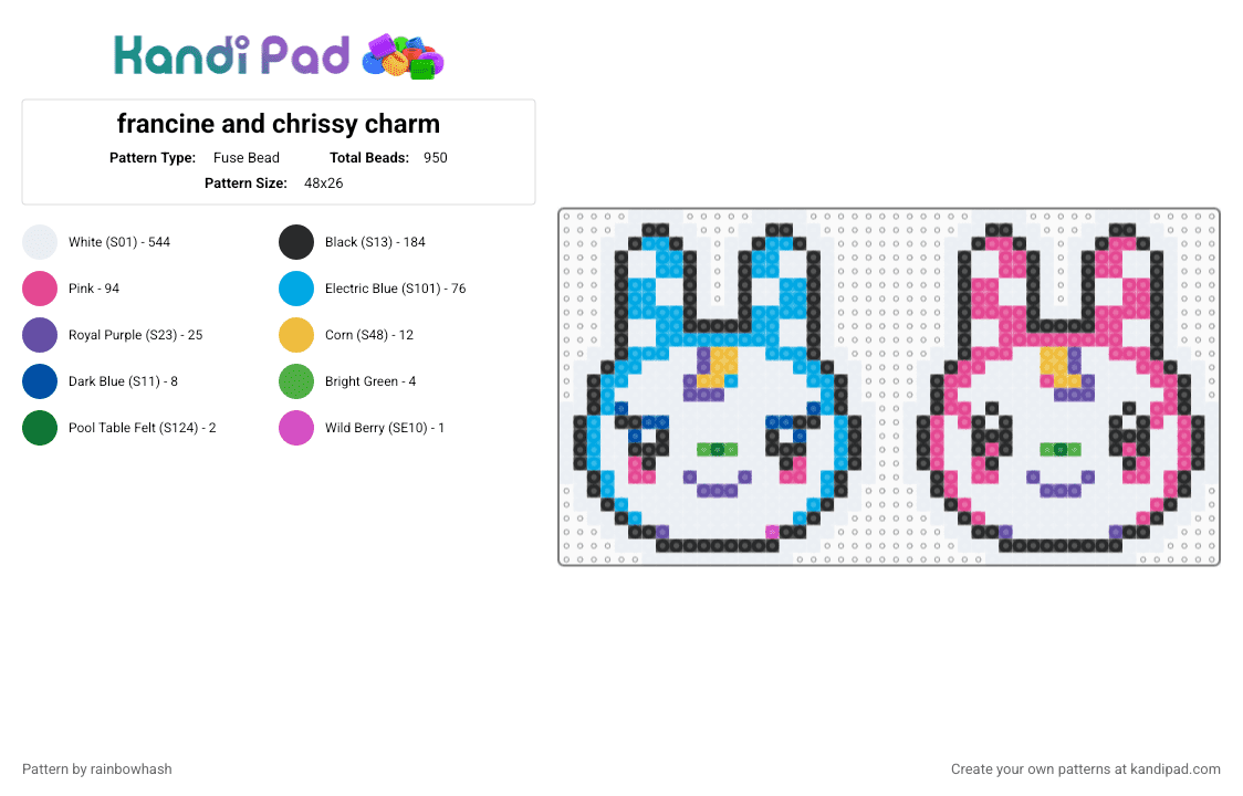 francine and chrissy charm - Fuse Bead Pattern by rainbowhash on Kandi Pad - white,pink,light blue,cute,kawaii,bunny rabbit,animal crossing,acnh,acnl,charms,keychain