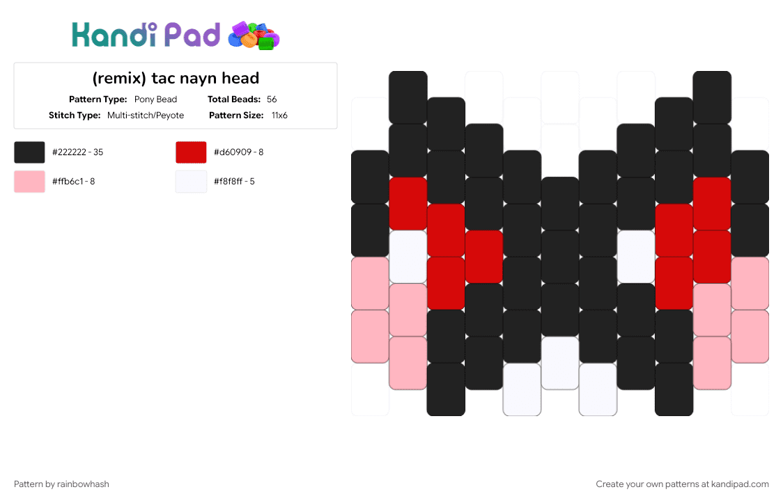 tac nayn head - Pony Bead Pattern by mangle on Kandi Pad - black, cute kawaii, decora keychain charm, emo keychain, kitten animal, kitty cat, nyan cat, pink, red, scene wearable, scenemo accessory