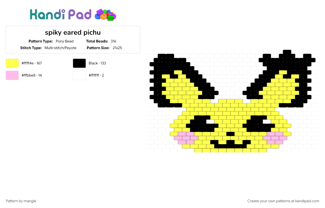 spiky eared pichu - Pony Bead Pattern by mangle on Kandi Pad - animal animals, baby pikachu, cute kawaii, games, nintendo, panel wall decor, pokemon, video game, yellow