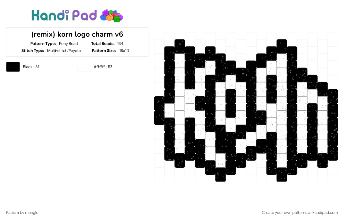 (remix) korn logo charm v6 - Pony Bead Pattern by mangle on Kandi Pad - 2000s, black, edgy, emo, nu metal rock, numetal music, scene keychain, scenemo accessory, white