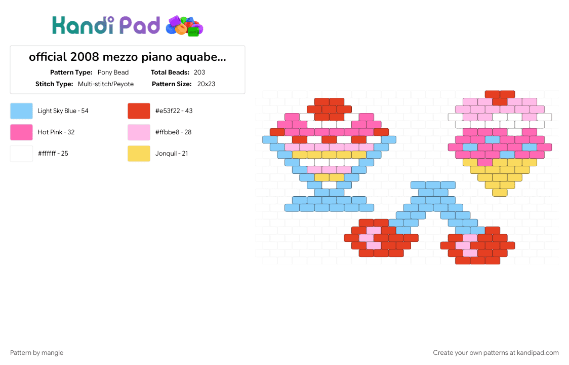official 2008 mezzo piano aquabeads set (aq-s09) (4) - Pony Bead Pattern by mangle on Kandi Pad - 2000s y2k, animal animals, cake cherry cherries, cute kawaii, cutecore kawaiicore, decora colorful, food fruit ice cream, light blue, pink, red