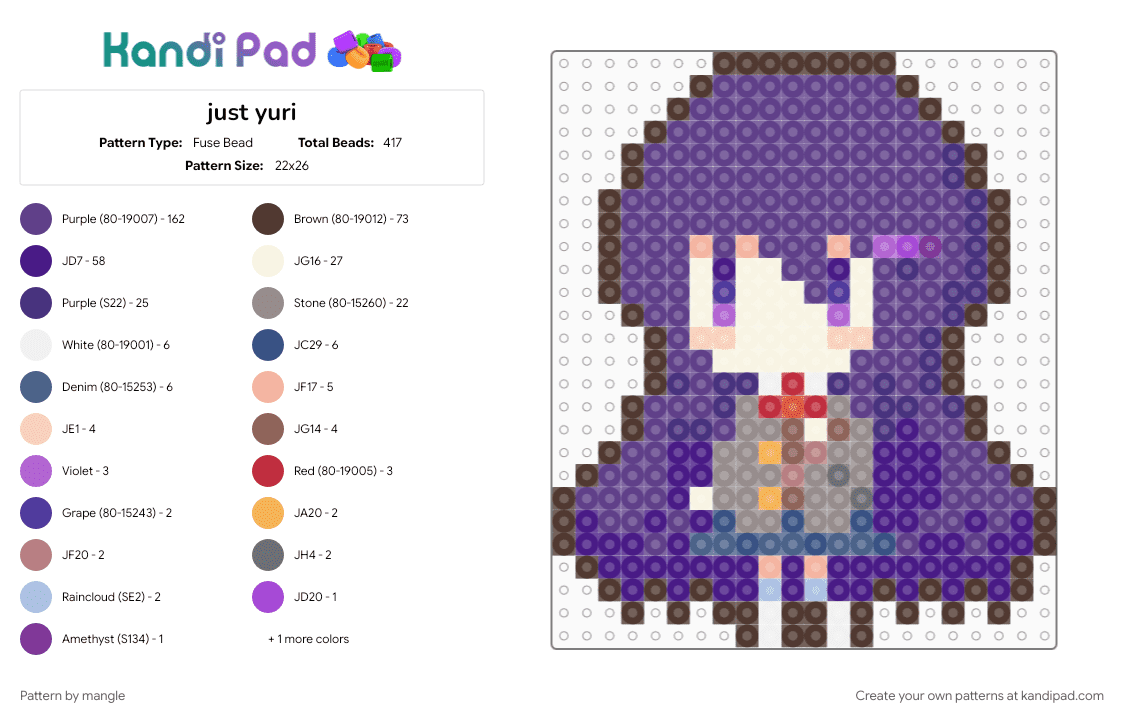 just yuri - Fuse Bead Pattern by mangle on Kandi Pad - anime, brown, cute, ddlc, doki doki literature club, kawaii, purple, video game