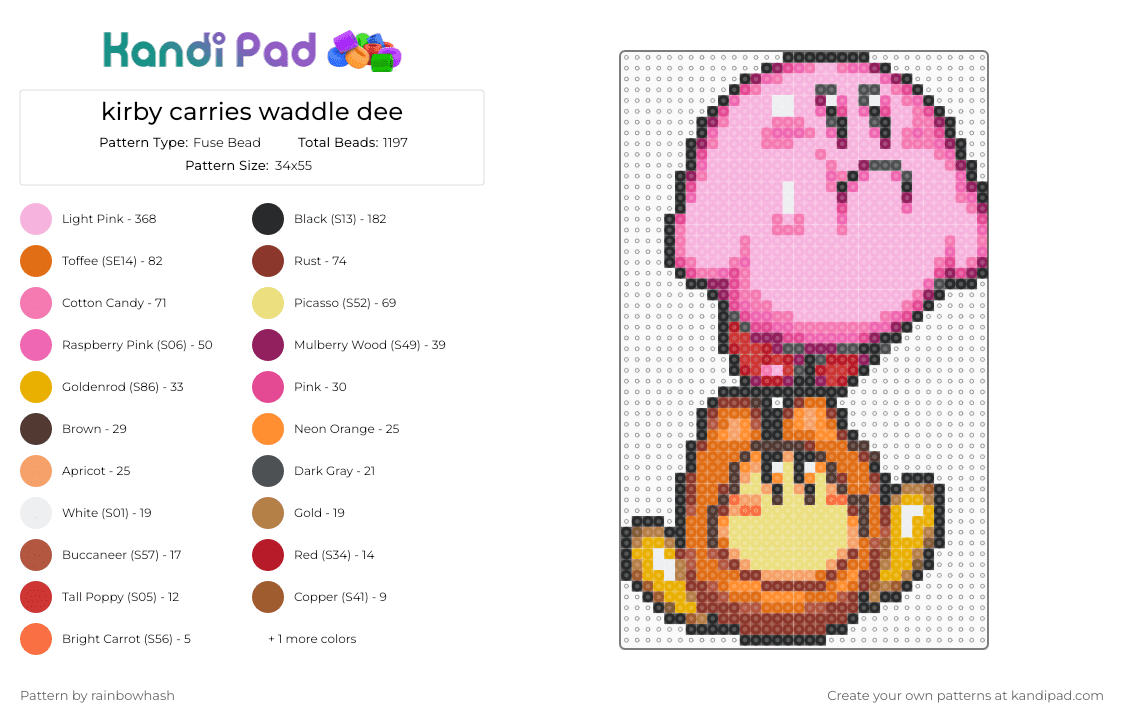 kirby carries waddle dee - Fuse Bead Pattern by rainbowhash on Kandi Pad - cute, kawaii, orange, pink, retro, sprite, video game