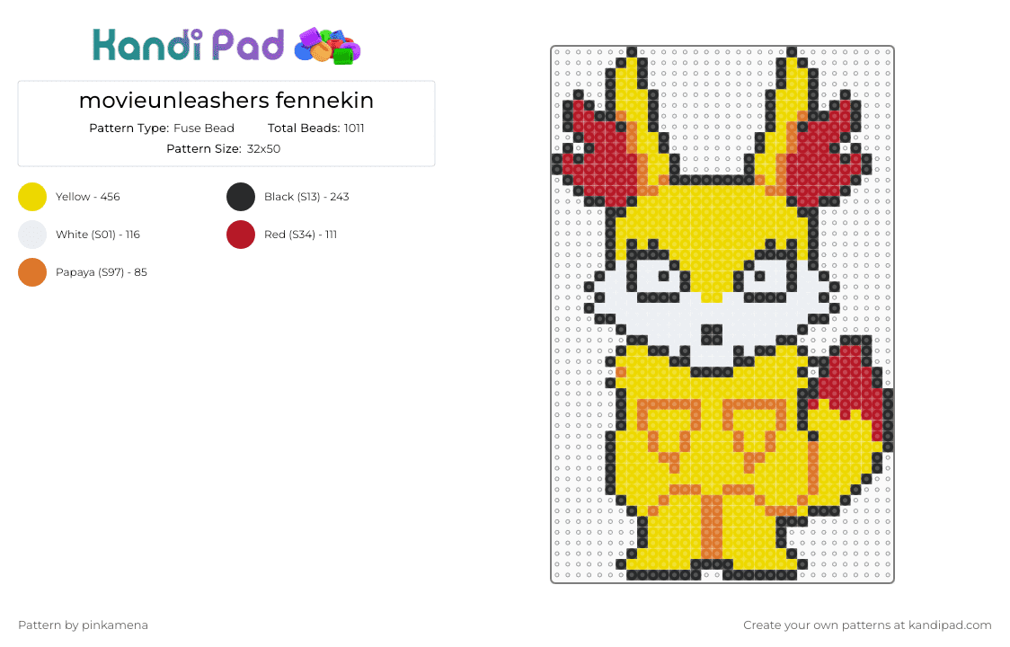 movieunleashers fennekin - Fuse Bead Pattern by rainbowhash on Kandi Pad - animal, animals, cartoon, furry, pokmon, starters, yellow