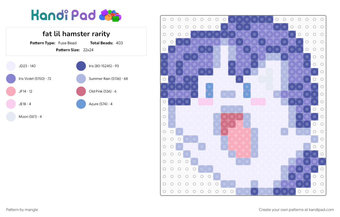fat lil hamster rarity - Fuse Bead Pattern by mangle on Kandi Pad - animal, animals, blue, cartoon, cute kawaii, decora, keychain, mlp my little pony, pink, purple, silly funny