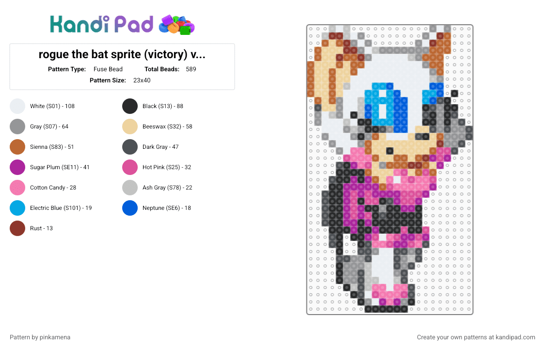 rogue the bat sprite (victory) ver.2 - Fuse Bead Pattern by rainbowhash on Kandi Pad - beige,gray,tan,pink,cute,kawaii,sega,video game,animal,animals,sonic the hedgehog,furry