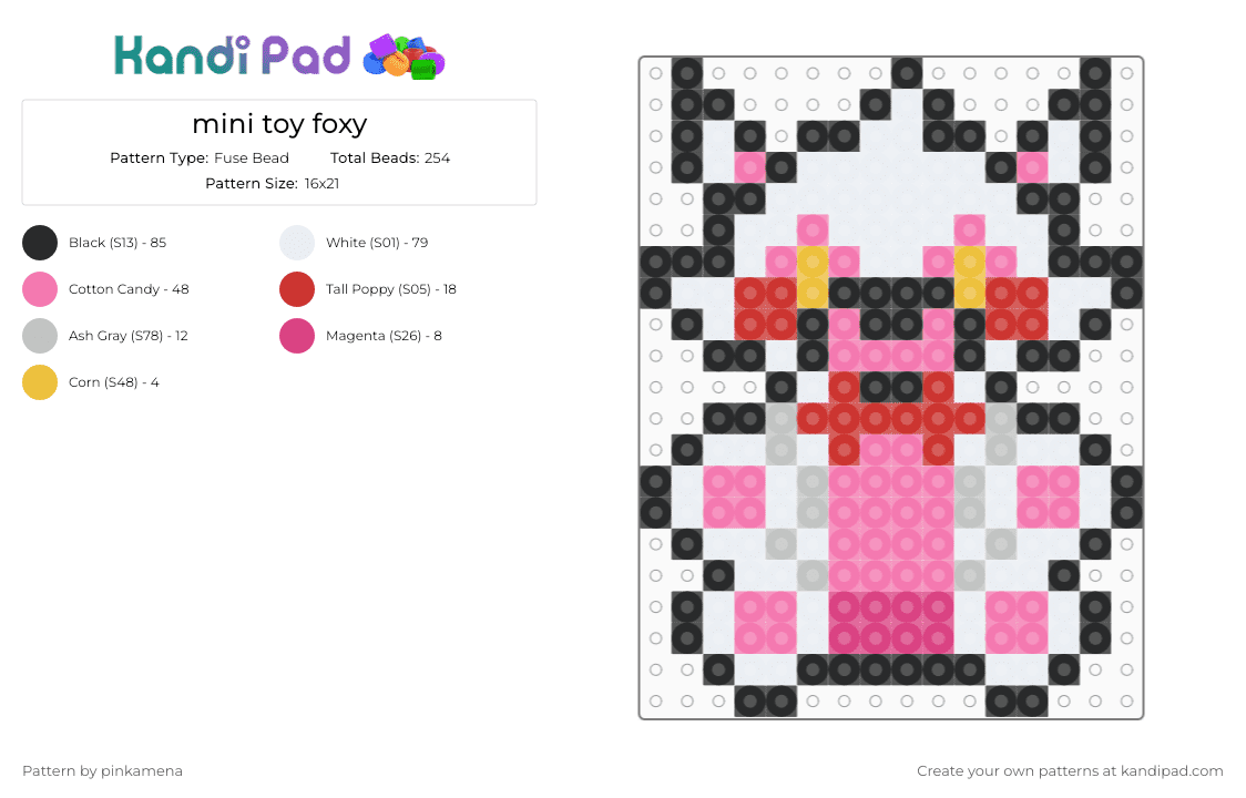 mini toy foxy - Fuse Bead Pattern by pinkamena on Kandi Pad - white,pink,small,tiny,charm,keychain,fnaf,five nights at freddys,video game,easy
