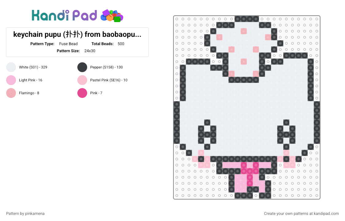 keychain pupu (扑扑) from baobaopupu (饱饱扑扑) - Fuse Bead Pattern by rainbowhash on Kandi Pad - animal, cat, chibi, cute, kawaii, kitten, kitty, pink, small, white