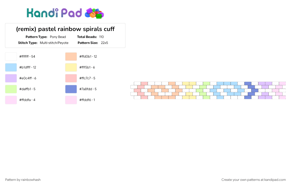 (remix) pastel rainbow spirals cuff - Pony Bead Pattern by mangle on Kandi Pad - beige, bracelet, colorful, cute, light blue, soft, swirls, swirly, white