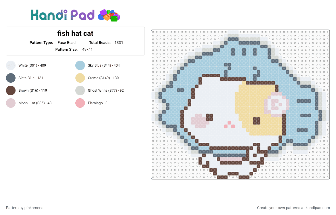 fish hat cat - Fuse Bead Pattern by pinkamena on Kandi Pad - light blue,kitty,kitten,fishcake,fish cake,cute,kawaii,animal,food