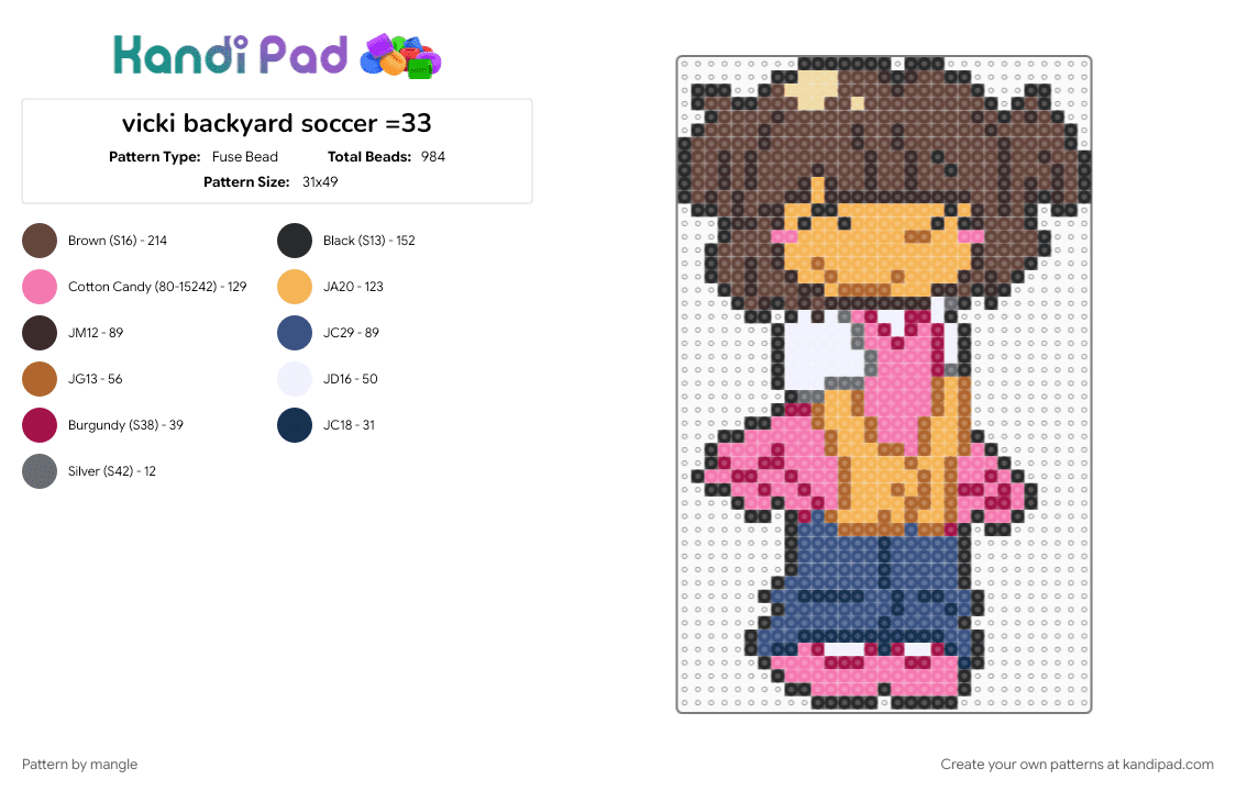 vicki backyard soccer =33 - Fuse Bead Pattern by mangle on Kandi Pad - 2000s, 90s, backyard baseball, backyard sports, blue, brown, cartoon video game, character, orange, pink
