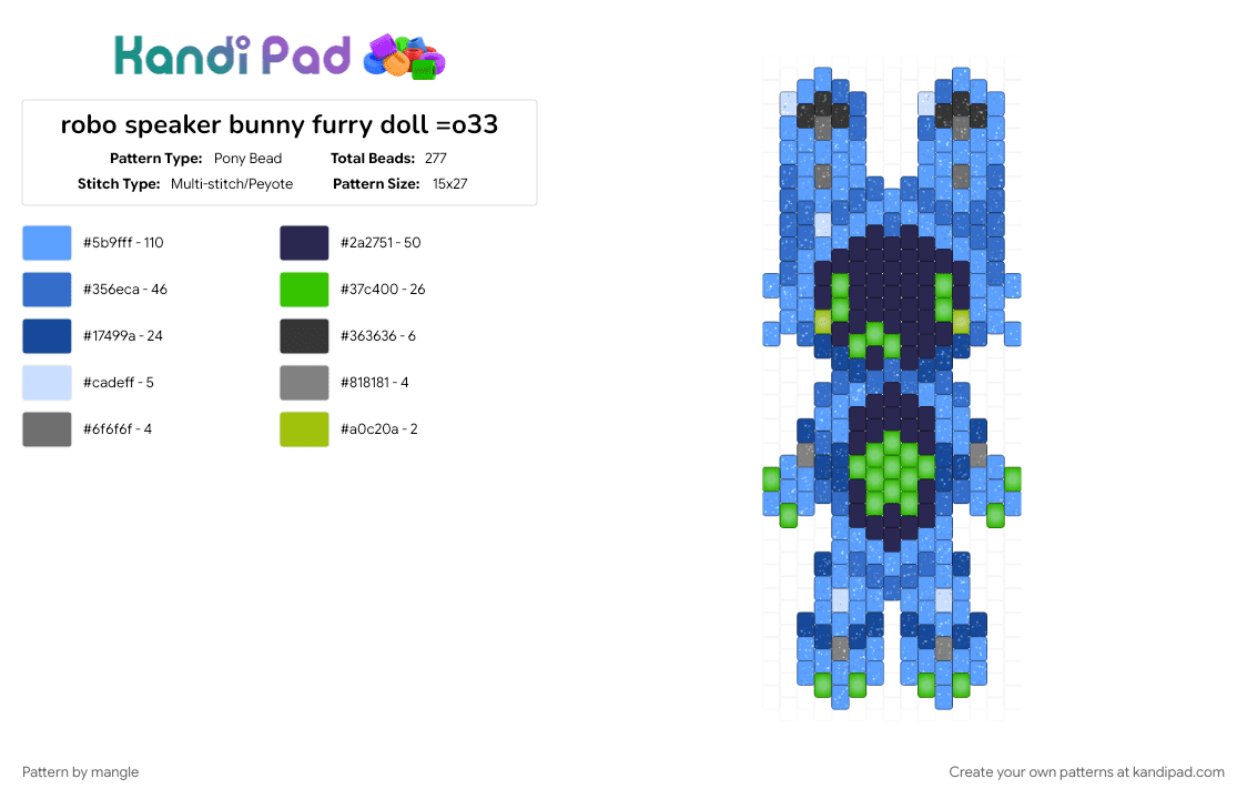 robo speaker bunny furry doll =o33 - Pony Bead Pattern by mangle on Kandi Pad - blue, cute kawaii oc, light blue, original character, purple, robot tech, robotic decora, scene doll, scenemo keychain, tech, technology computer
