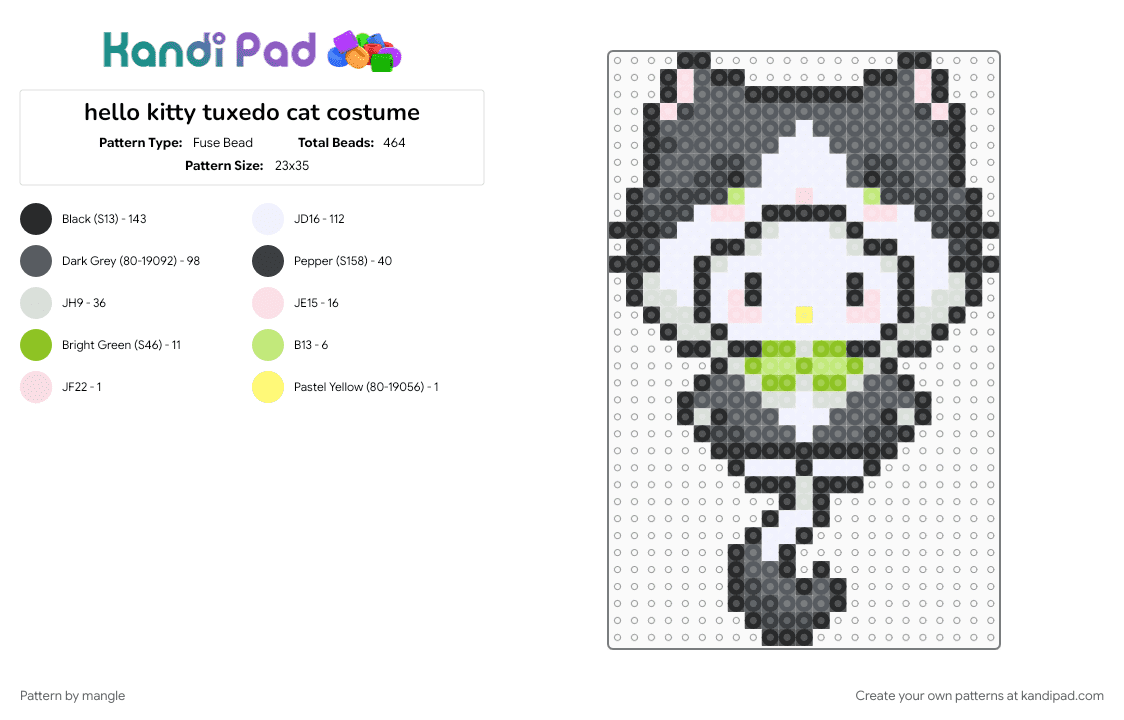hello kitty tuxedo cat costume - Fuse Bead Pattern by mangle on Kandi Pad - cute kawaii, gray, keychain, kitten cat, pet, sanrio, white