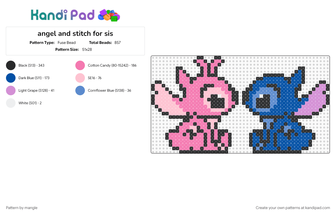 angel and stitch - Fuse Bead Pattern by mangle on Kandi Pad - alien aliens, blue, cartoon animal animals, disney animated character, heart, love, pink